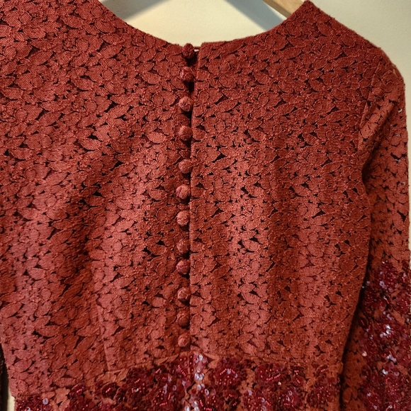 Manishii Rust/Ruby Sequin Embroidered Lace Anarkali Gown Dress Pakistani - Picture 5 of 11